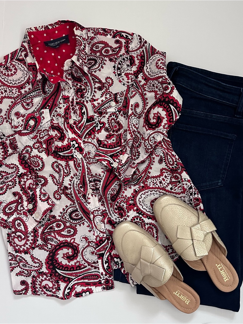Jones New York Signature Petite Red and White Black Paisley Button-Down Shirt MP